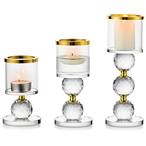 Sparkling 3-Piece Crystal Candle Holder Set: Festive Gold Rim