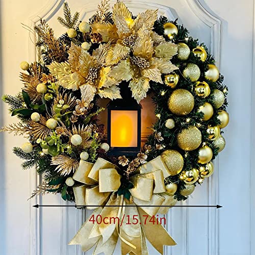 Gold Christmas Wreaths,40cm/16 Inch Door Wreaths and Lantern,Baubles,Berries and Bows,Artificial for  indoor /outdoor Front Door 