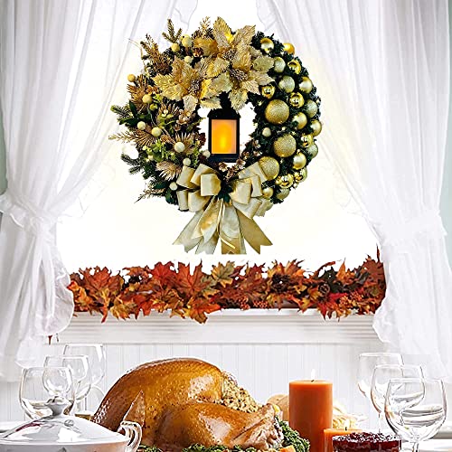 Gold Christmas Wreaths,40cm/16 Inch Door Wreaths and Lantern,Baubles,Berries and Bows,Artificial for  indoor /outdoor Front Door 
