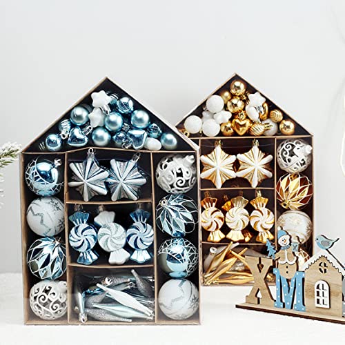 Fouriding 73pcs Christmas Ball Ornaments Set,Baubles Balls Shatterproof Plastic Christmas Ball Ornaments Hanging Decorations for Xmas Tree,Wreath,Garland (Blue White)