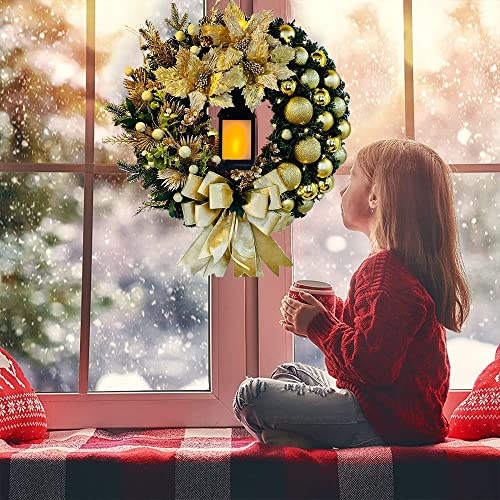 Gold Christmas Wreaths,40cm/16 Inch Door Wreaths and Lantern,Baubles,Berries and Bows,Artificial for  indoor /outdoor Front Door 