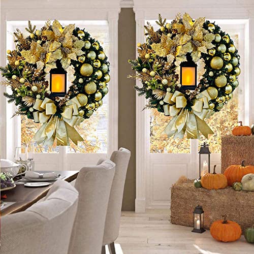 Gold Christmas Wreaths,40cm/16 Inch Door Wreaths and Lantern,Baubles,Berries and Bows,Artificial for  indoor /outdoor Front Door 