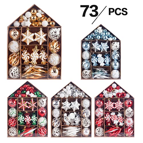 Fouriding 73pcs Christmas Ball Ornaments Set,Baubles Balls Shatterproof Plastic Christmas Ball Ornaments Hanging Decorations for Xmas Tree,Wreath,Garland (Blue White)