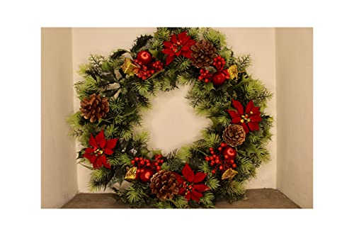  18" Artificial Christmas Wreath Red/Poinsettias/Holly Cones,parcels Ideal for Outdoors/Indoors