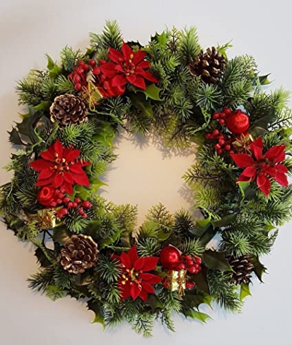  18" Artificial Christmas Wreath Red/Poinsettias/Holly Cones,parcels Ideal for Outdoors/Indoors