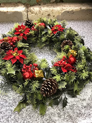  18" Artificial Christmas Wreath Red/Poinsettias/Holly Cones,parcels Ideal for Outdoors/Indoors