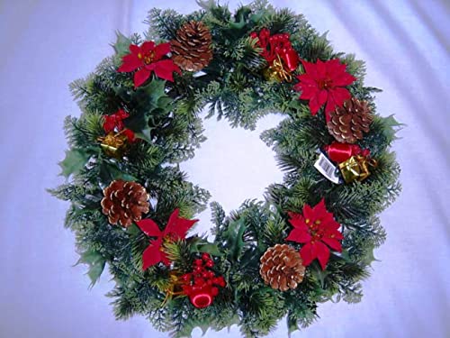  18" Artificial Christmas Wreath Red/Poinsettias/Holly Cones,parcels Ideal for Outdoors/Indoors