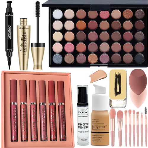 All in One Makeup Set,Cosmetic Make up Gift Set for Women Beginners,Includes Eyeshadow Palette Foundation & Face Primer Eyeliner Stamp lip gloss Set Eyebrow Soap Makeup Sponge brushes Set