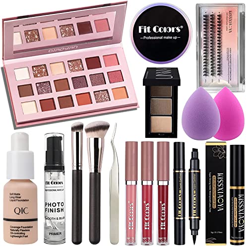 All In One Makeup Kit, Full Makeup Essential Starter Kit for Beginners or Pros, 18 Colors Naked Eyeshadow Palette Nude Face Primer, Makeup Brush, Sponge, Eyebrow Powder, Winged Eyeliner Stamp