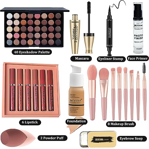 All in One Makeup Set,Cosmetic Make up Gift Set for Women Beginners,Includes Eyeshadow Palette Foundation & Face Primer Eyeliner Stamp lip gloss Set Eyebrow Soap Makeup Sponge brushes Set