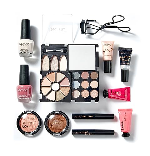 Technic Cosmetic Bag Set - Full Make Up Kit - 14 Mini Essentials for Eyes, Lips, Face & Nails In a Portable Storage Bag - Perfect For Overnight Trips and Holidays - Vegan and Cruelty Free