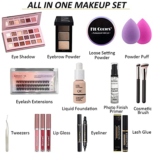 All In One Makeup Kit, Full Makeup Essential Starter Kit for Beginners or Pros, 18 Colors Naked Eyeshadow Palette Nude Face Primer, Makeup Brush, Sponge, Eyebrow Powder, Winged Eyeliner Stamp