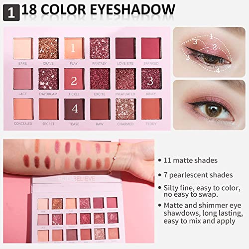 All In One Makeup Kit, Full Makeup Essential Starter Kit for Beginners or Pros, 18 Colors Naked Eyeshadow Palette Nude Face Primer, Makeup Brush, Sponge, Eyebrow Powder, Winged Eyeliner Stamp