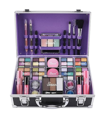 Bliss Makeup Case with Vegan Makeup Products – Complete Makeup Suitcase with Eyeshadow, Blusher, Lipstick, Eyebrow Wax and Powder, Brushes – Aluminum-Framed Makeup Case Organizer