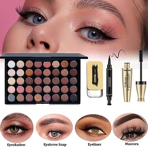 All in One Makeup Set,Cosmetic Make up Gift Set for Women Beginners,Includes Eyeshadow Palette Foundation & Face Primer Eyeliner Stamp lip gloss Set Eyebrow Soap Makeup Sponge brushes Set