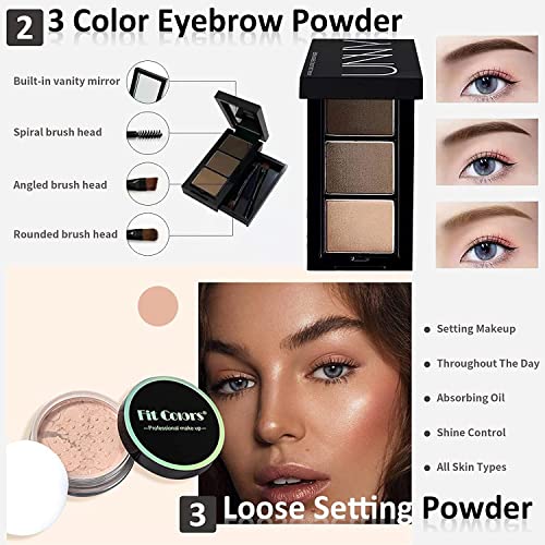 All In One Makeup Kit, Full Makeup Essential Starter Kit for Beginners or Pros, 18 Colors Naked Eyeshadow Palette Nude Face Primer, Makeup Brush, Sponge, Eyebrow Powder, Winged Eyeliner Stamp