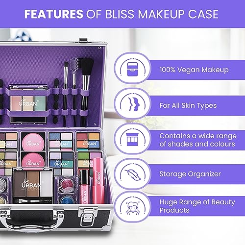Bliss Makeup Case with Vegan Makeup Products – Complete Makeup Suitcase with Eyeshadow, Blusher, Lipstick, Eyebrow Wax and Powder, Brushes – Aluminum-Framed Makeup Case Organizer