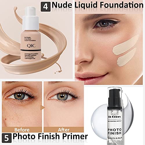 All In One Makeup Kit, Full Makeup Essential Starter Kit for Beginners or Pros, 18 Colors Naked Eyeshadow Palette Nude Face Primer, Makeup Brush, Sponge, Eyebrow Powder, Winged Eyeliner Stamp