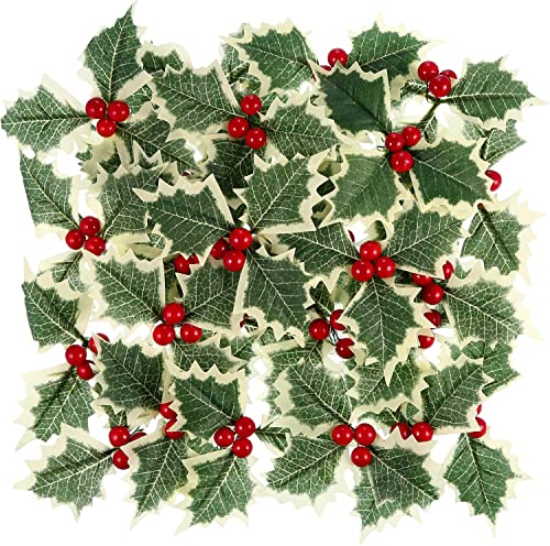 mciskin 12 Pieces Artificial Holly Berry with Green Leaves for Christmas Wreath Arrangement Cake Toppers Craft Wedding Party Decorations (Red)