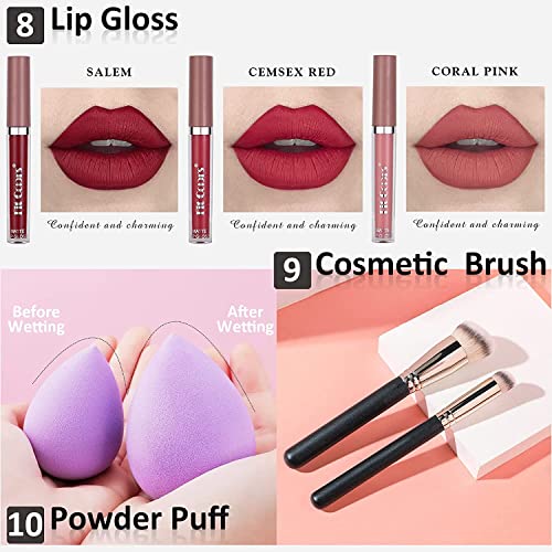 All In One Makeup Kit, Full Makeup Essential Starter Kit for Beginners or Pros, 18 Colors Naked Eyeshadow Palette Nude Face Primer, Makeup Brush, Sponge, Eyebrow Powder, Winged Eyeliner Stamp