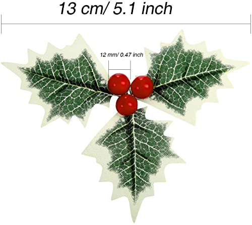 mciskin 12 Pieces Artificial Holly Berry with Green Leaves for Christmas Wreath Arrangement Cake Toppers Craft Wedding Party Decorations (Red)