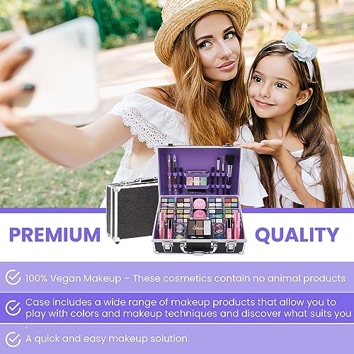 Bliss Makeup Case with Vegan Makeup Products – Complete Makeup Suitcase with Eyeshadow, Blusher, Lipstick, Eyebrow Wax and Powder, Brushes – Aluminum-Framed Makeup Case Organizer