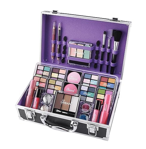Bliss Makeup Case with Vegan Makeup Products – Complete Makeup Suitcase with Eyeshadow, Blusher, Lipstick, Eyebrow Wax and Powder, Brushes – Aluminum-Framed Makeup Case Organizer