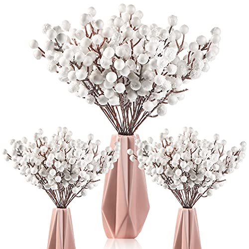 30 Pieces Artificial Holly Berry Stem Picks with Snowflake Glitter Christmas Tree Berries Picks for Christmas Tree Ornaments DIY Crafts Wedding Home Party Decor (White)