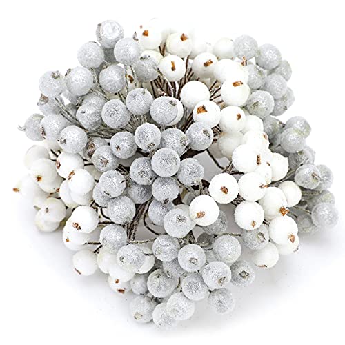 DPKOW 240 Pieces,Mini Frosted Berry Artificial Frosted Holly Berries for Christmas Tree Decoration Wreath Garland Making (White and Silver)