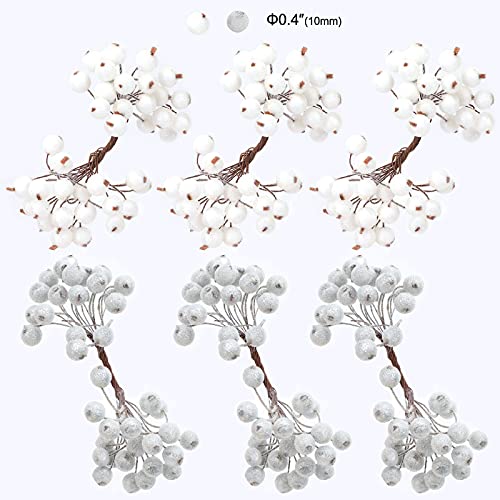 DPKOW 240 Pieces,Mini Frosted Berry Artificial Frosted Holly Berries for Christmas Tree Decoration Wreath Garland Making (White and Silver)