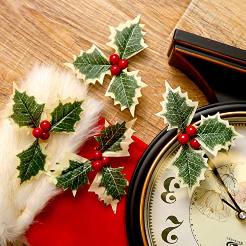 mciskin 12 Pieces Artificial Holly Berry with Green Leaves for Christmas Wreath Arrangement Cake Toppers Craft Wedding Party Decorations (Red)