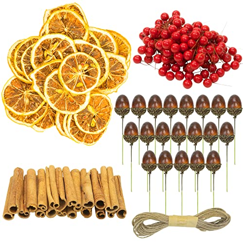 Festive Fix 210Pcs Artificial Berries, Orange, Slices, Acorn, & Cinnamon Sticks –Xmas DIY Wreath Accessories Home Decor Stuff Indoor Improvement Fake Fruits for Christmas Party Room Decor, Multicolor