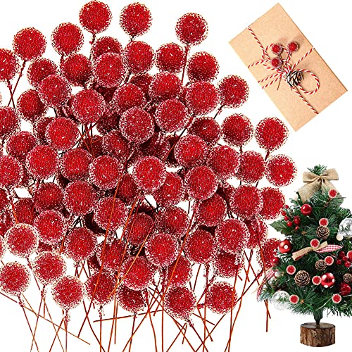 VDSOW Christmas Artificial Holly Berries 100Pcs Frosted Red Berry Picks Wreath Making Supplies Crafting Mini Artificial Berries Fruit Flower Ornament for Xmas Tree Wreaths Decorations DIY Craft