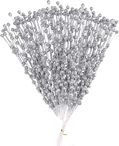 Feizeisun 100 Pack Christmas Tree Picks, Artificial Glitter Berries Stems, Christmas Branches Glittery Twigs Sticks for Christmas Tree Ornaments Vase DIY Wreath Crafts Holiday Home Decor (Silver)