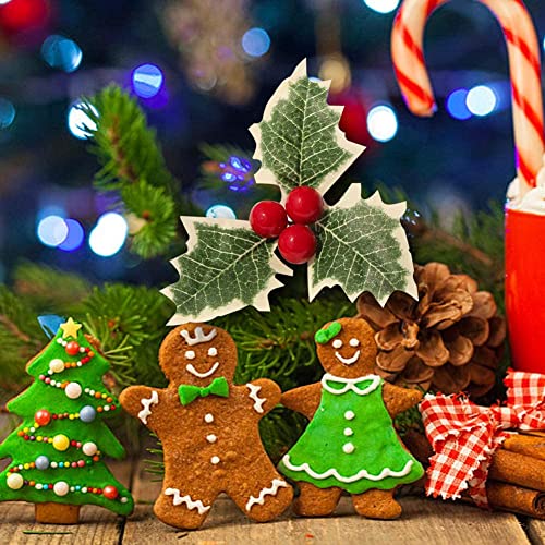 mciskin 12 Pieces Artificial Holly Berry with Green Leaves for Christmas Wreath Arrangement Cake Toppers Craft Wedding Party Decorations (Red)