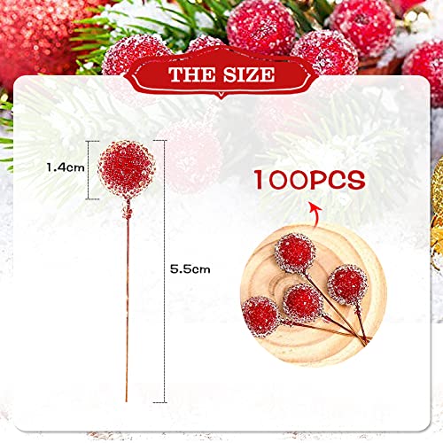 VDSOW Christmas Artificial Holly Berries 100Pcs Frosted Red Berry Picks Wreath Making Supplies Crafting Mini Artificial Berries Fruit Flower Ornament for Xmas Tree Wreaths Decorations DIY Craft