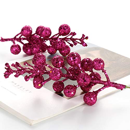 SUREH 24 pcs Christmas Glitter Berries Stems 7.8inch Mini Artificial Glittery Berry Picks Wire Foam Red Holly Berry Branches Picks Christmas Tree Ornament for Flower Arrangements Wreath Crafts