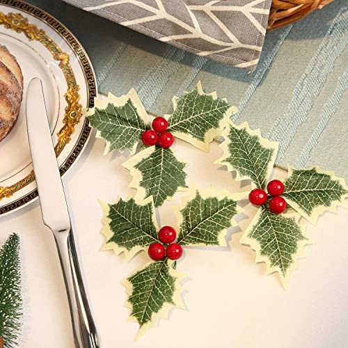 mciskin 12 Pieces Artificial Holly Berry with Green Leaves for Christmas Wreath Arrangement Cake Toppers Craft Wedding Party Decorations (Red)