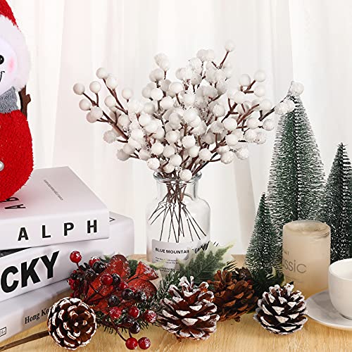 30 Pieces Artificial Holly Berry Stem Picks with Snowflake Glitter Christmas Tree Berries Picks for Christmas Tree Ornaments DIY Crafts Wedding Home Party Decor (White)