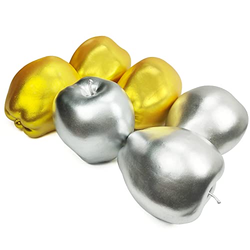 Lorigun 6 Pcs Artificial Golden Silver Apples, Fake Apples Artificial Golden Fruits for Christmas Décor Home Party Golden Silver Fruits Decoration Festival Props