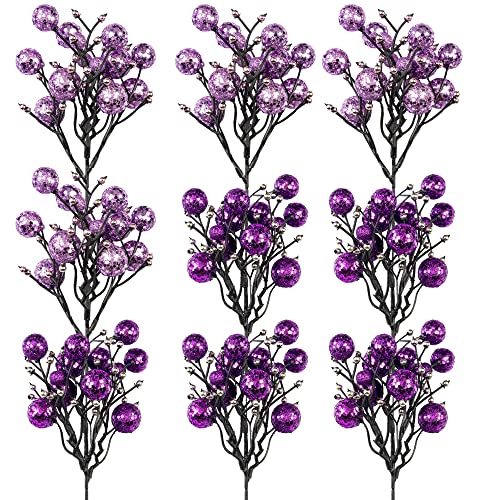 Art Beauty Purple Christmas Berry Picks Decorations Pack of 9 Artificial Glittered Berries Stems Crafts Tree Decoration Ornaments for Xmas Tree Topper Wedding Centerpiece