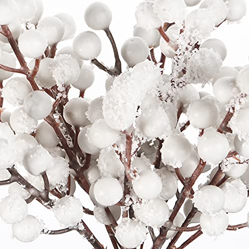 30 Pieces Artificial Holly Berry Stem Picks with Snowflake Glitter Christmas Tree Berries Picks for Christmas Tree Ornaments DIY Crafts Wedding Home Party Decor (White)