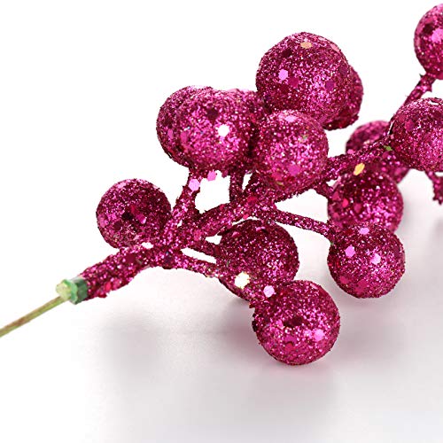 SUREH 24 pcs Christmas Glitter Berries Stems 7.8inch Mini Artificial Glittery Berry Picks Wire Foam Red Holly Berry Branches Picks Christmas Tree Ornament for Flower Arrangements Wreath Crafts