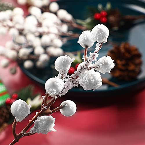 30 Pieces Artificial Holly Berry Stem Picks with Snowflake Glitter Christmas Tree Berries Picks for Christmas Tree Ornaments DIY Crafts Wedding Home Party Decor (White)