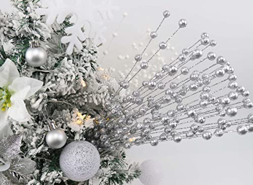 Feizeisun 100 Pack Christmas Tree Picks, Artificial Glitter Berries Stems, Christmas Branches Glittery Twigs Sticks for Christmas Tree Ornaments Vase DIY Wreath Crafts Holiday Home Decor (Silver)