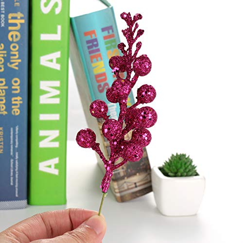 SUREH 24 pcs Christmas Glitter Berries Stems 7.8inch Mini Artificial Glittery Berry Picks Wire Foam Red Holly Berry Branches Picks Christmas Tree Ornament for Flower Arrangements Wreath Crafts