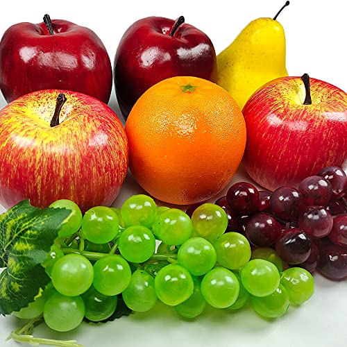 Artificial Fruits Pack, Fake Mixture Fruits for Home Decor, Simulation Fruit Set, Party Chirstmas Decortion, Faux Fruit Modle for Photoshoot, Artificial Apple Pear Grape Orange (6 Kinds,8 Pcs)