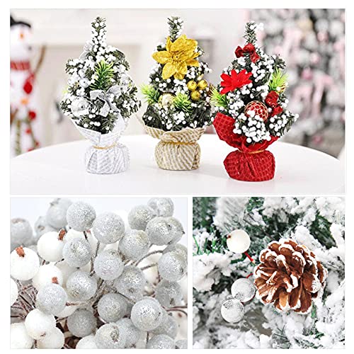 DPKOW 240 Pieces,Mini Frosted Berry Artificial Frosted Holly Berries for Christmas Tree Decoration Wreath Garland Making (White and Silver)