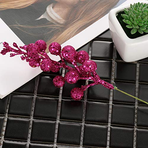 SUREH 24 pcs Christmas Glitter Berries Stems 7.8inch Mini Artificial Glittery Berry Picks Wire Foam Red Holly Berry Branches Picks Christmas Tree Ornament for Flower Arrangements Wreath Crafts