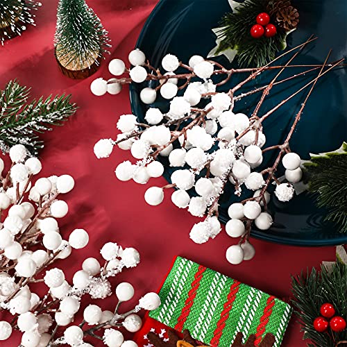 30 Pieces Artificial Holly Berry Stem Picks with Snowflake Glitter Christmas Tree Berries Picks for Christmas Tree Ornaments DIY Crafts Wedding Home Party Decor (White)